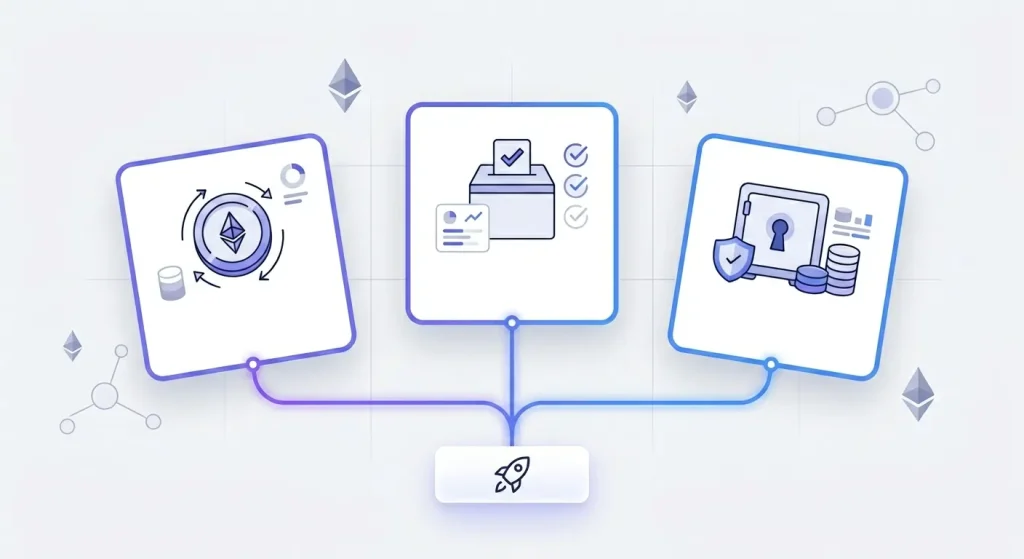 How to create a DAO: illustration showing one-click deployment of three smart contracts — governance token, voting governor, and treasury — on Ethereum blockchain