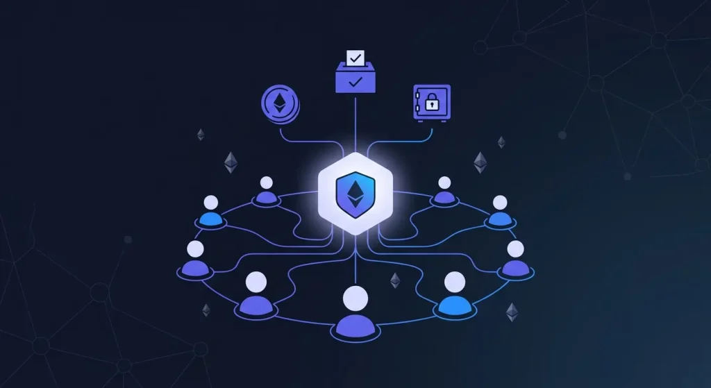 What is a DAO: illustration showing a decentralized autonomous organization — multiple members connected through smart contracts governing a shared treasury and voting system